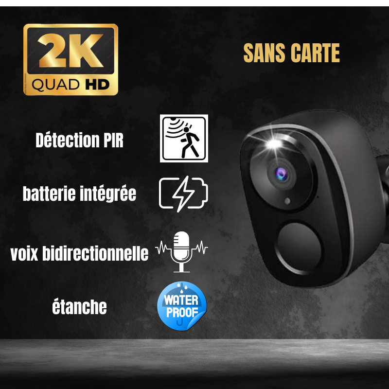 Caméra de Sécurité Extérieure Sans Fil 2K – WiFi, Batterie Rechargeable, Détection AI, Sirène & Projecteur, Vision Nocturne Couleur, IP66