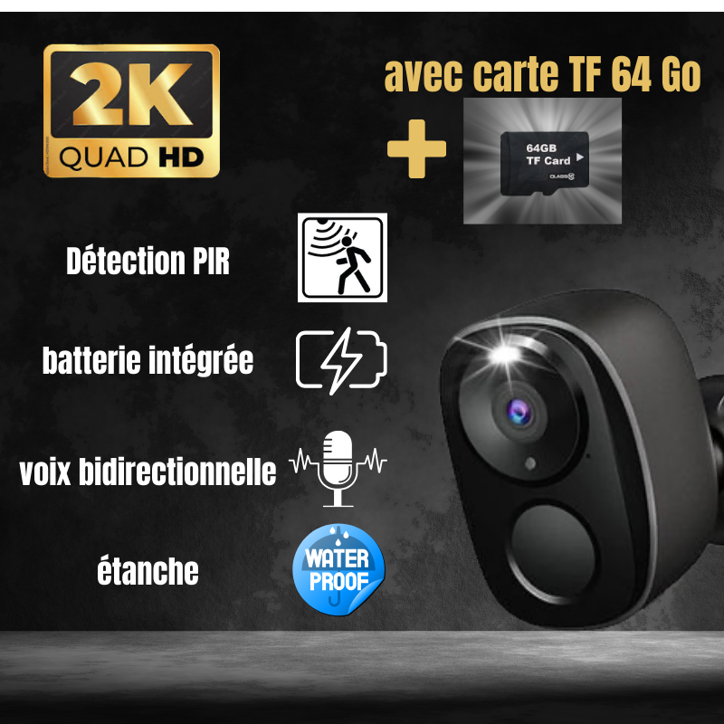 Caméra de Sécurité Extérieure Sans Fil 2K – WiFi, Batterie Rechargeable, Détection AI, Sirène & Projecteur, Vision Nocturne Couleur, IP66