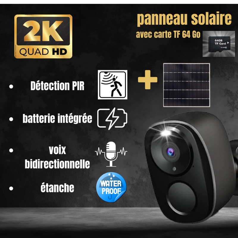 Caméra de Sécurité Extérieure Sans Fil 2K – WiFi, Batterie Rechargeable, Détection AI, Sirène & Projecteur, Vision Nocturne Couleur, IP66